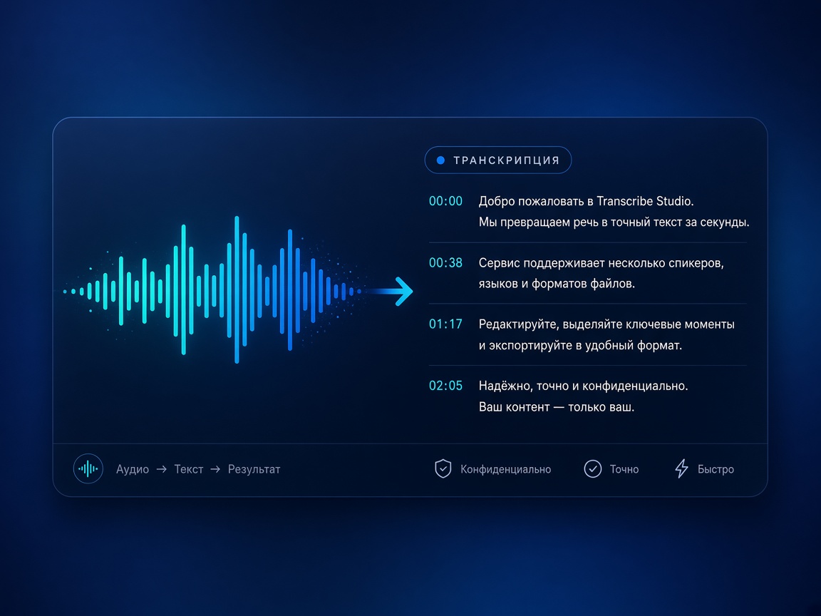 Интерфейс Transcribe Studio: волна аудио превращается в текст расшифровки